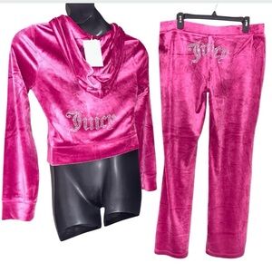 JUICY COUTURE FUCHSIA FESTIVAL BLING RHINESTONE VELOUR TRACKSUIT SWEATSUIT NWT